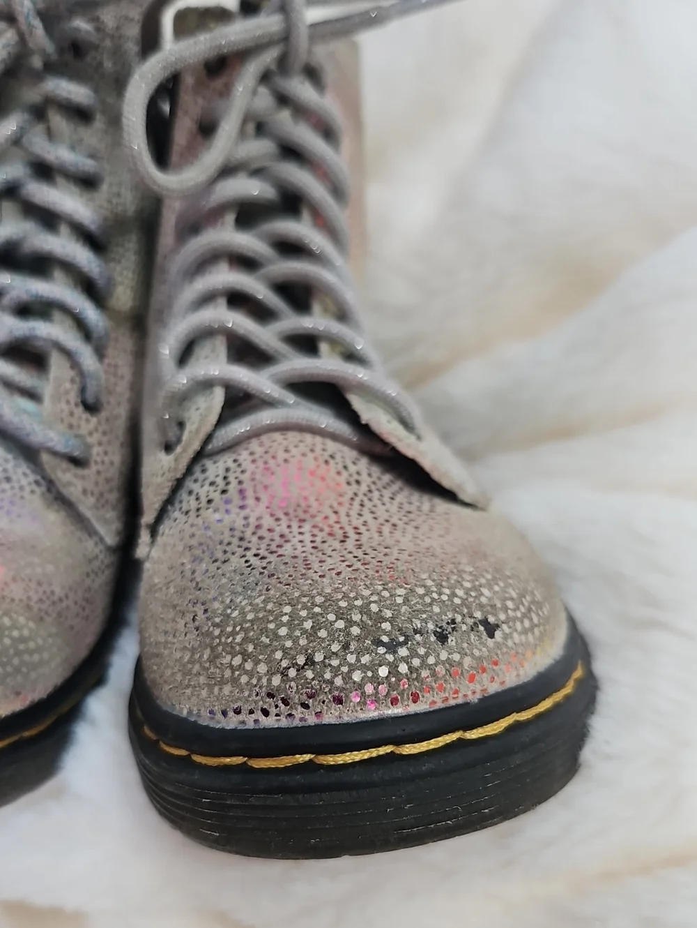 Dr. Martens Kids Iridescent Holographic Lace-Up Boots in Silver and Pastel